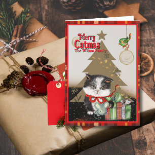 Cartes Pour Fêtes Annuelles Joyeux Cat Noël Mignon Chaton de Noël Ruban rouge