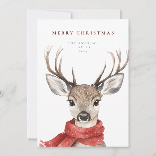 Cartes Pour Fêtes Annuelles Joyeux cerf de Noël dans une écharpe rouge (Devant)