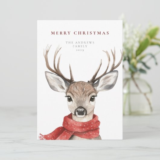 Cartes Pour Fêtes Annuelles Joyeux cerf de Noël dans une écharpe rouge (Debout devant)