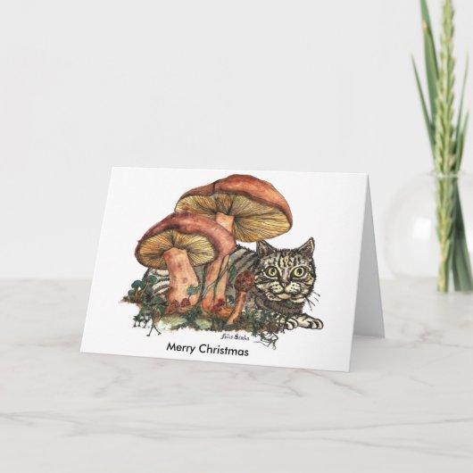 Cartes Pour Fêtes Annuelles Joyeux chat de champignons de Noël (Devant)