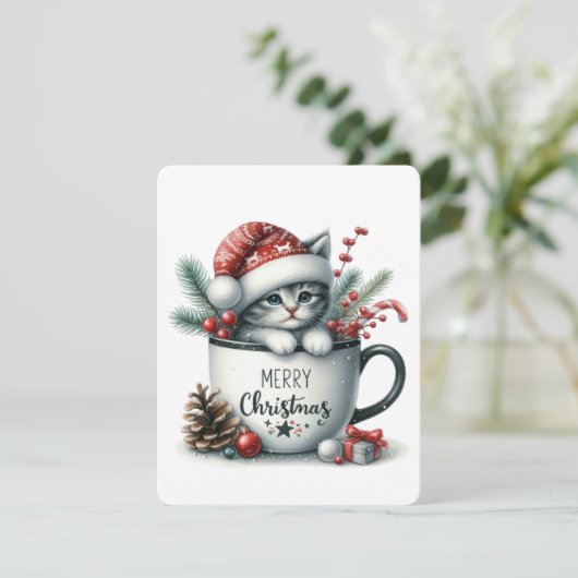 Cartes Pour Fêtes Annuelles Joyeux chat de Noël dans une tasse - Noël (Debout devant)