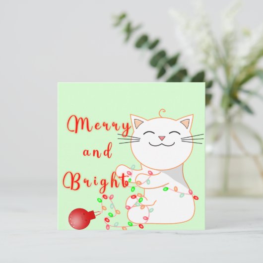 Cartes Pour Fêtes Annuelles Joyeux Chat Jouer Avec Lumière LED | Noël mignon (Debout devant)