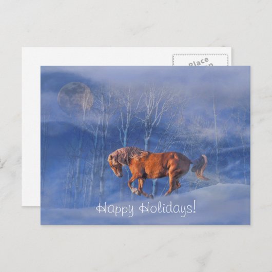 Cartes Pour Fêtes Annuelles Joyeux Cheval et Lune en neige (Devant / Derrière)