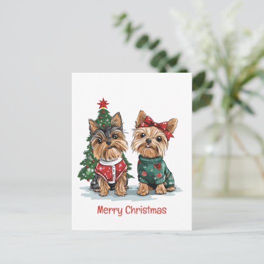 Cartes Pour Fêtes Annuelles Joyeux Chiens de Yorkie de Noël (Debout devant)