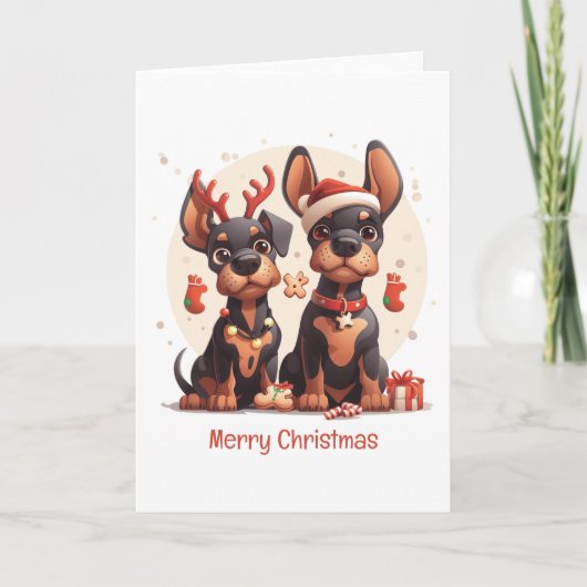 Cartes Pour Fêtes Annuelles Joyeux Chiens Dobermann de Noël (Devant)