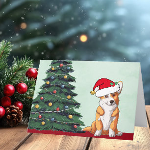 Cartes Pour Fêtes Annuelles Joyeux Corgi Arbre de Noël Chien avec Queue Chapea