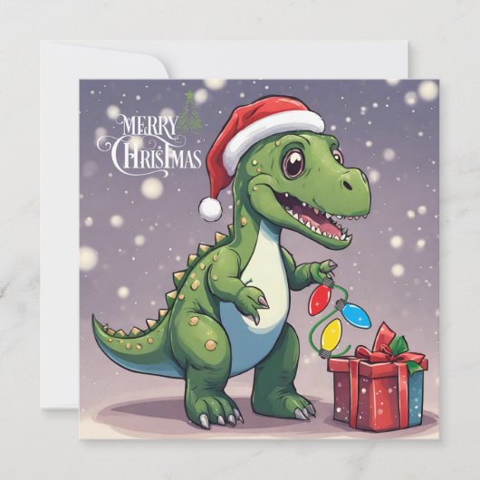 Cartes Pour Fêtes Annuelles Joyeux dinosaure de Noël avec présent (Devant)