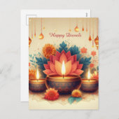 Cartes Pour Fêtes Annuelles Joyeux Diwali Diya Lotus Festival Floral Lumière (Devant / Derrière)
