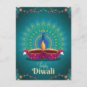 Cartes Pour Fêtes Annuelles Joyeux Diwali Peacock Diya Festival du bleu clair