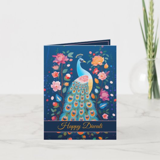 Cartes Pour Fêtes Annuelles Joyeux Diwali Peacock & Flowers (Devant)