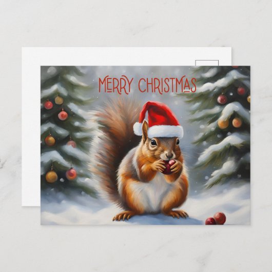 Cartes Pour Fêtes Annuelles Joyeux écureuil de Noël et forêt d'hiver (Devant / Derrière)