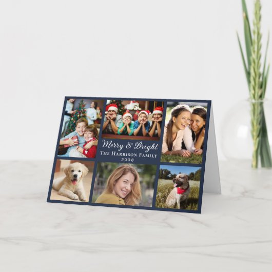 Cartes Pour Fêtes Annuelles Joyeux et brillant 6 Photo Collage Bleu Noël (Devant)