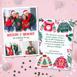 Cartes Pour Fêtes Annuelles Joyeux et brillant collage photo Sweater de Noël<br><div class="desc">Ce design comporte un Collage de 3 photos pour vous d'ajouter vos propres photos, le texte dit "Joyeux et lumineux" vous pouvez ajouter votre nom de famille et l'année. Sur le dos se trouve une bordure moche avec des saints, des baies, de la verdure et des flocons de neige, au...</div>