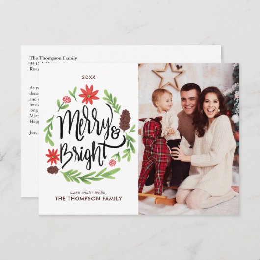 Cartes Pour Fêtes Annuelles "Joyeux et brillant" Festive Main peinte Wreath (Devant / Derrière)