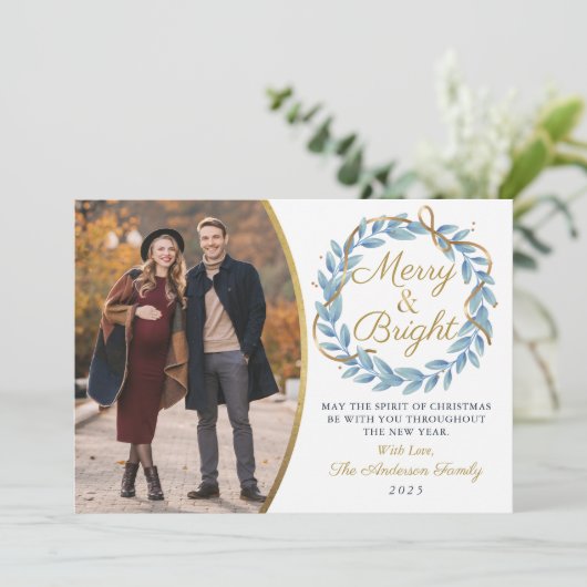 Cartes Pour Fêtes Annuelles Joyeux et brillant hiver Wreath Gold Parties scint (Debout devant)