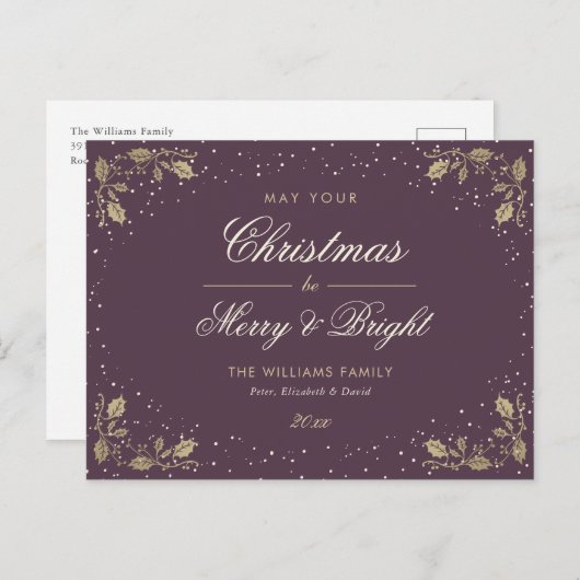 Cartes Pour Fêtes Annuelles Joyeux et brillant or pourpre (Devant / Derrière)