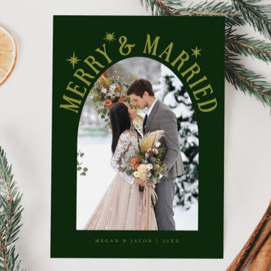 Cartes Pour Fêtes Annuelles Joyeux et marié Arch photo verte nouvellement mari