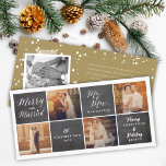 Cartes Pour Fêtes Annuelles Joyeux et marié Chalkboard 4 Photo Collage Mariage<br><div class="desc">Cette carte de faire-part mariage moderne et simple de vacances/noël comporte le mot "Joyeux et Marié" dans une calligraphie en écriture blanche à la mode sur un tableau noir vintage avec 4 photos collage. L'arrière comprend un motif de snowdots complet, une photo instantanée et un message de vacances personnalisable. L'arrière...</div>