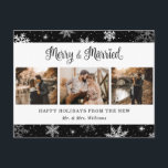Cartes Pour Fêtes Annuelles Joyeux et marié Flocon de neige Collage photo noir<br><div class="desc">Carte postale noire de vacances photo avec des flocons de neige,  un collage photo et un accueil calligraphique mignon. Personnalisez facilement cette carte postale festive avec vos photos,  et texte.</div>