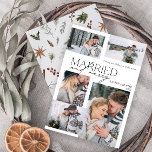 Cartes Pour Fêtes Annuelles Joyeux et marié moderne 5 photo Newly<br><div class="desc">Voici notre nouvelle carte de vacances moderne Merry & Married 5 Photo Newlyborn : un design moderne avec une typographie élégante et cinq photos mariages chères, en noir et blanc classique. Le front minimaliste est complété par un motif botanique d'aquarelle chaleureux et festif sur le dos, qui présente une végétation...</div>