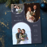 Cartes Pour Fêtes Annuelles Joyeux et marié Simple moderne de nouvelle photo 3<br><div class="desc">Pour vos premiers noël en couple marié, ce carte photo de vacances moderne et simple et rétro présente 3 de vos photos mariages préférées ou photos de noël. Vos photos sont affichées dans un trio de cadres en arc et le design est écrit "joyeux et marié". Vous pouvez également ajouter...</div>