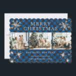 Cartes Pour Fêtes Annuelles Joyeux Flocon de neige mousseux Blue Plaid Photo C<br><div class="desc">Belle carte de vacances en plastique de buffle bleu avec des flocons de neige et des étoiles. Personnalisez facilement cette carte de vacances mignonne avec vos photos et texte.</div>