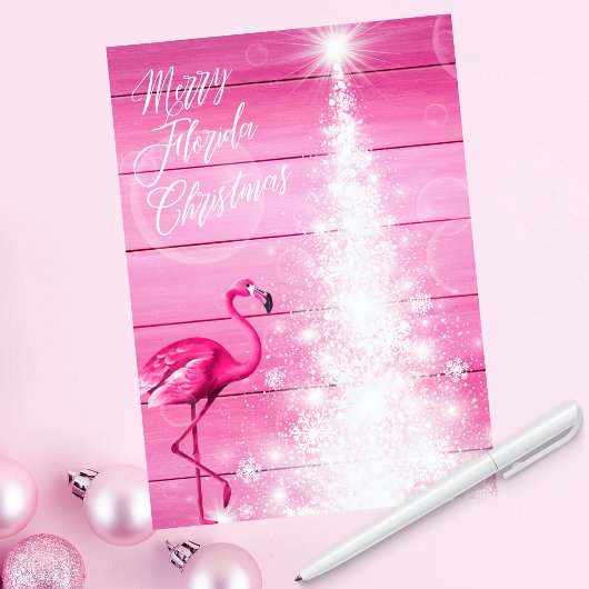 Cartes Pour Fêtes Annuelles Joyeux Floride Flamant rose rose Arbre blanc