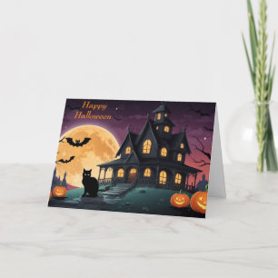 Cartes Pour Fêtes Annuelles Joyeux Halloween Chat Noir et Maison Hantée