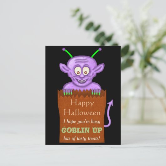 Cartes Pour Fêtes Annuelles Joyeux Halloween Funny Purple Goblin Pun (Debout devant)