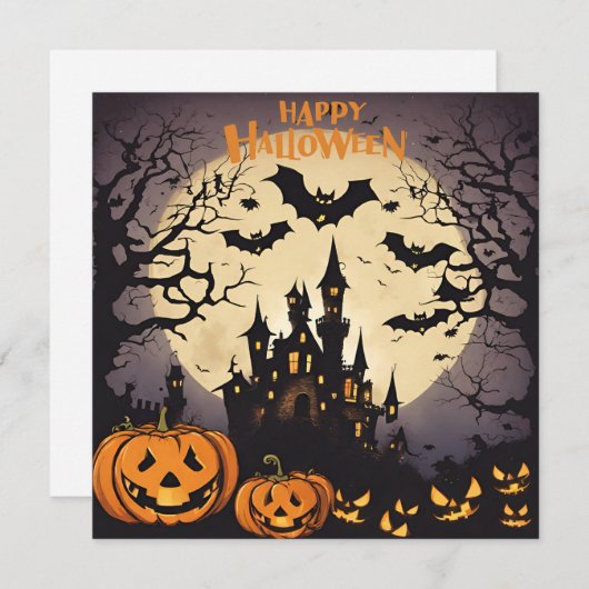 Cartes Pour Fêtes Annuelles Joyeux Halloween - Maison hantée, citrouilles et c (Devant / Derrière)