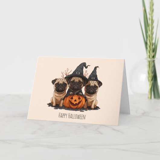 Cartes Pour Fêtes Annuelles Joyeux Halloween Pugs Citrouilles (Devant)