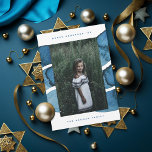 Cartes Pour Fêtes Annuelles Joyeux Hanoukka Blue Brossé photo de la fête juive<br><div class="desc">Modifiez et customisez pour modifier le nom,  l'année et les polices,  la couleur du cadre et le message au verso. Customisez plus loin pour ajouter du texte ou plus de photos à l'arrière.</div>