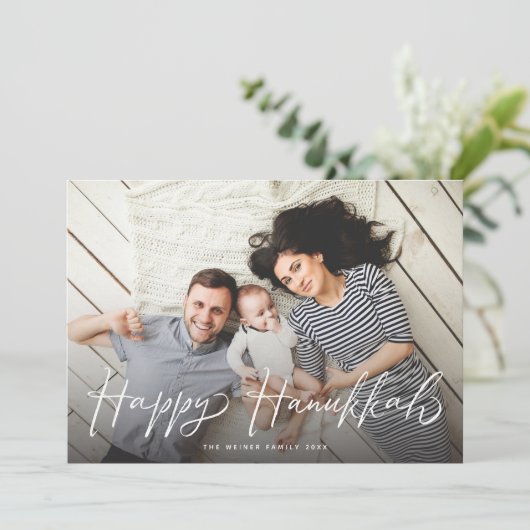 Cartes Pour Fêtes Annuelles Joyeux Hanoukka Brush Script Photo moderne (Debout devant)