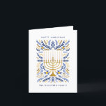 Cartes Pour Fêtes Annuelles Joyeux Hanoukka Festive Aquarelle Menorah Floral<br><div class="desc">Heureux Hanoukka ! Envoyez vos voeux Hanoukka à votre famille et à vos amis avec cette carte pliée élégante. Il est doté d'aquarelle Menorah et d'élégantes feuilles de couronnes dans une palette sophistiquée d'or, bleu clair et bleu marine. Customisez la carte avec votre message préféré et deux lignes de texte...</div>
