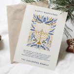 Cartes Pour Fêtes Annuelles Joyeux Hanoukka Festive Aquarelle Menorah Floral<br><div class="desc">Heureux Hanoukka ! Envoyez vos voeux Hanoukka à votre famille et à vos amis avec cette carte à plat élégante. Il est doté d'aquarelle Menorah et d'élégantes feuilles de couronnes dans une palette sophistiquée d'or, bleu clair et bleu marine. Customisez la carte avec votre message préféré et deux lignes de...</div>