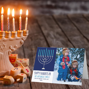 Cartes Pour Fêtes Annuelles Joyeux Hanoukka Photo Famille Bleu Menorah Plié