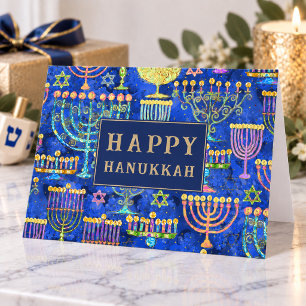 Cartes Pour Fêtes Annuelles Joyeux Hanukkah Menorah Bleu Or Étoile de David