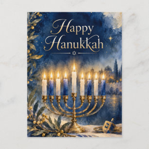 Cartes Pour Fêtes Annuelles Joyeux Hanukkah Ménorah Bleue et Or Aquarelle