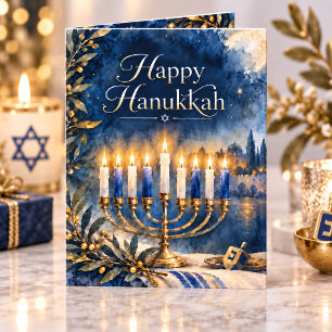 Cartes Pour Fêtes Annuelles Joyeux Hanukkah Photo de famille avec Menorah Bleu