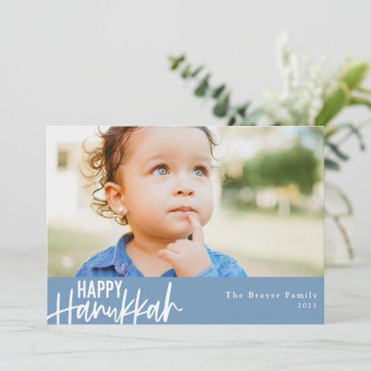 Cartes Pour Fêtes Annuelles Joyeux Hanukkah Photo Moderne Bleu Clair (Debout devant)