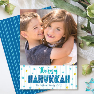 Cartes Pour Fêtes Annuelles Joyeux Hanukkah Photo Or Bleu Étoile Typographie A