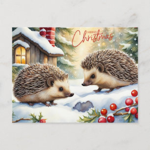Cartes Pour Fêtes Annuelles Joyeux hérissons d'aquarelle de Noël en forêt