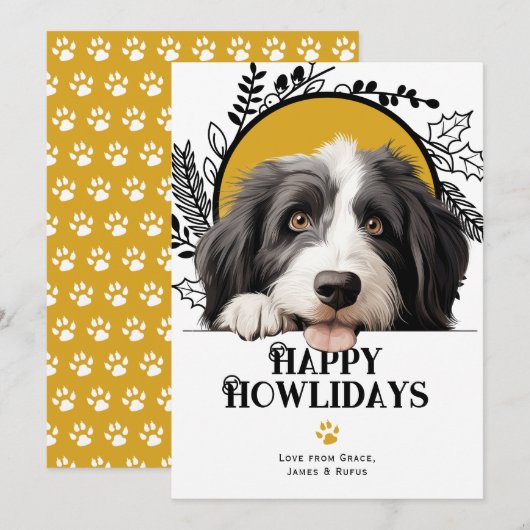 Cartes Pour Fêtes Annuelles Joyeux Howlidays Beared Collie Chien Noël (Devant / Derrière)