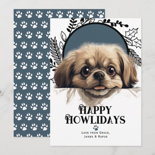 Cartes Pour Fêtes Annuelles Joyeux Howlidays Chien Pékinois (Devant / Derrière)