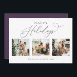 Cartes Pour Fêtes Annuelles Joyeux Jours de vacances Script violet 2 photos mu<br><div class="desc">Créez de beaux souvenirs cette saison de vacances avec cette carte de vacances multi-photo collage. Cette carte présente un script minimaliste moderne avec vos photos préférées sur le devant et une sur le dos. Personnalisez cette carte entièrement personnalisable avec votre salutation,  message,  nom de famille et année.</div>