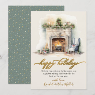 Cartes Pour Fêtes Annuelles Joyeux Jours d'or Script cheminée non photo