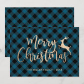 Cartes Pour Fêtes Annuelles Joyeux Joyeux Noël Or Noir & Bleu Plaid (Devant / Derrière)