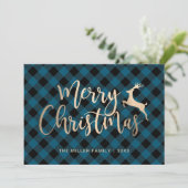Cartes Pour Fêtes Annuelles Joyeux Joyeux Noël Or Noir & Bleu Plaid (Debout devant)
