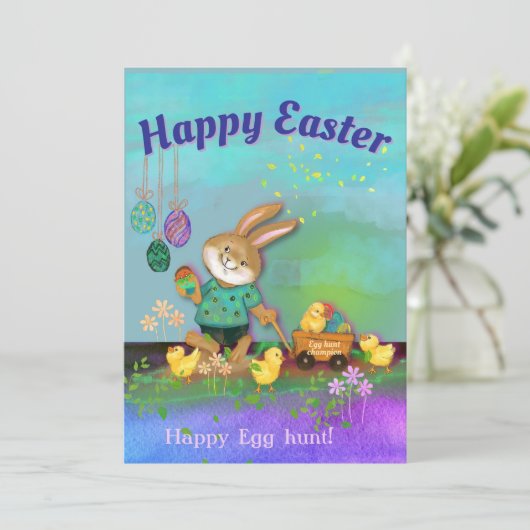 Cartes Pour Fêtes Annuelles Joyeux lapin de chasse aux oeufs et poulets (Debout devant)