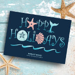 Cartes Pour Fêtes Annuelles Joyeux littoral | Beach Seashell Navy Noël<br><div class="desc">Carte de Noël plate sur le thème de la plage avec un coquillage fantaisiste "Happy Holidays",  queue de baleine et typographie des vagues de l'océan avec un motif nautique à l'envers dans les tons bleu marine,  turquoise et corail. Oeuvre originale KL Stock.</div>